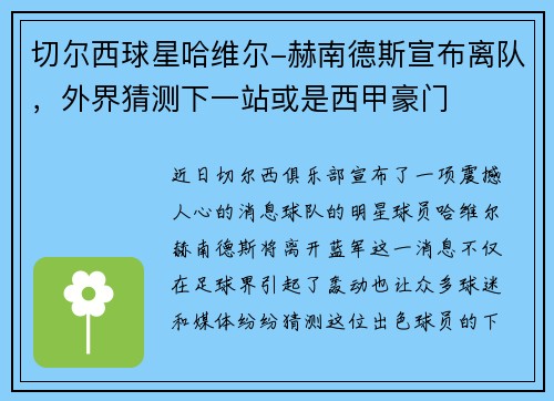 切尔西球星哈维尔-赫南德斯宣布离队，外界猜测下一站或是西甲豪门